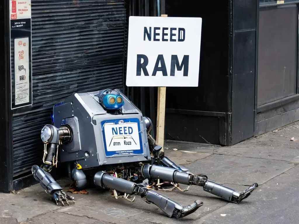 A picture of robot begging on the street for more ram.